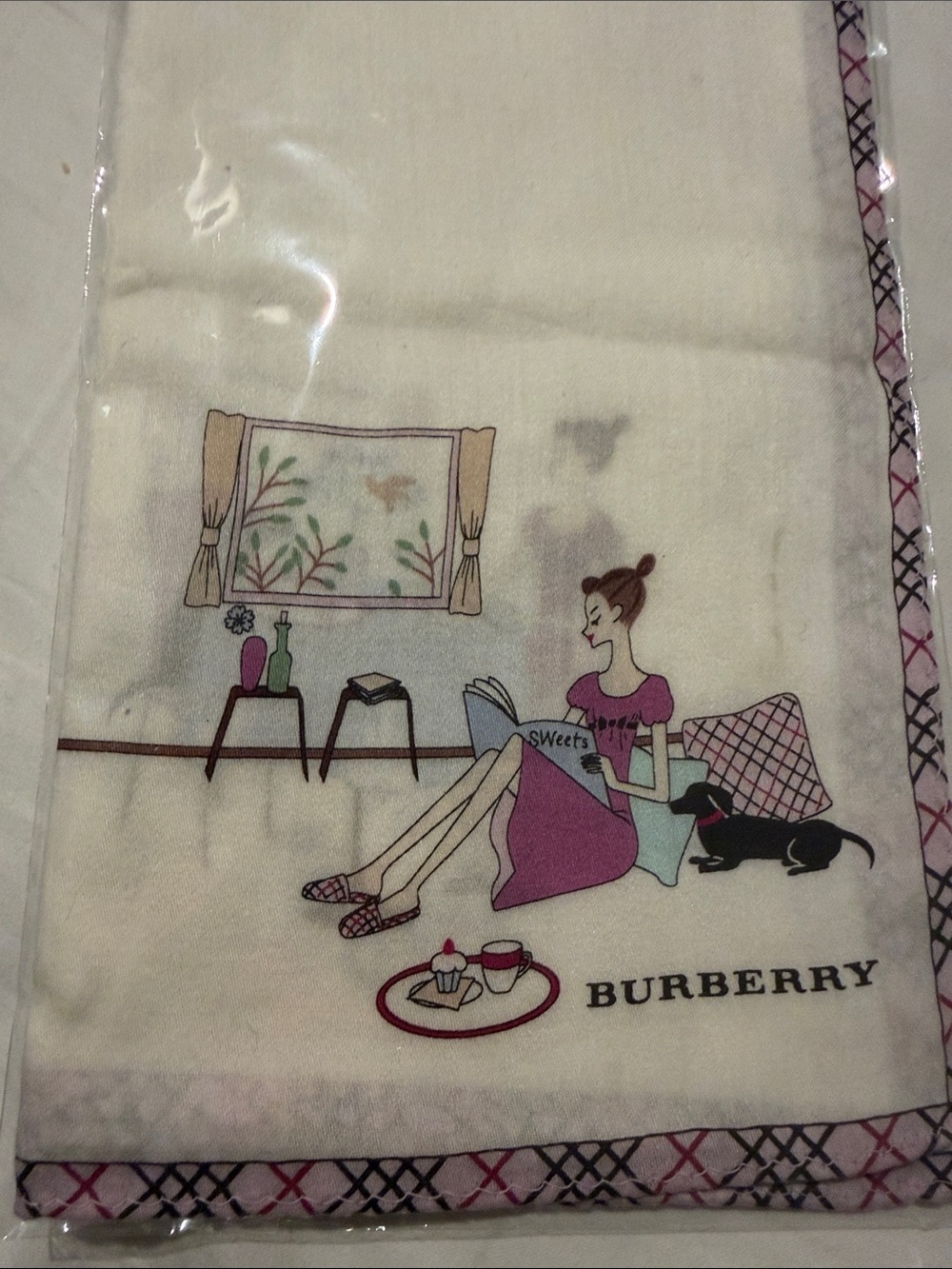 Burberry Cream Silk Scarf with Pink & Black Print - Picture 4 of 6